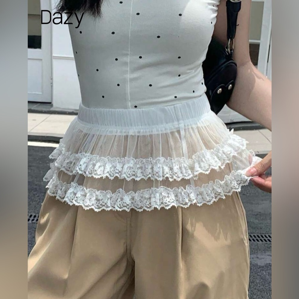 White Lace Decor Pleaded A-Line Skirt